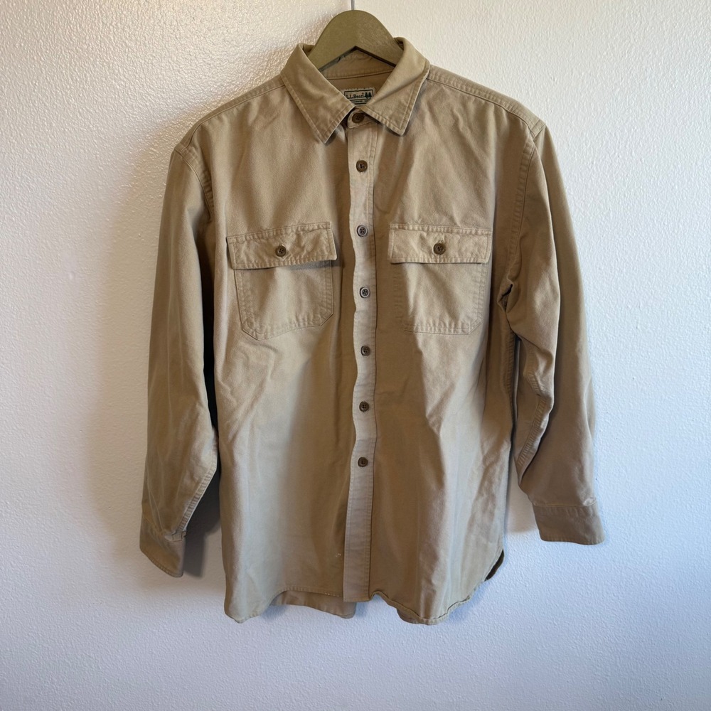 Vintage L.L. Bean Men's Large Tan Chamois Shirt Long Sleeve Button Up Neutral